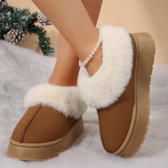 Brown Fashionable Women's Suede Shearling Ankle Moccasins - Picture 3 of 8